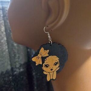Handmade Black & Natural Wood Girl Face Earrings for Kids